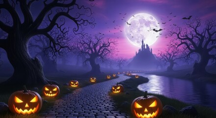 Spooky Halloween night with glowing pumpkins leading to a castle jack-o-lantern