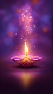 Glowing Diwali Oil Lamp with Floating Sparkles on Purple Background