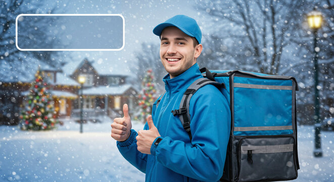 Delivery man smiling and giving thumbs up in snowy winter wonderland   - Powered by Adobe