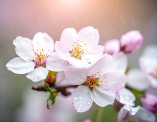 Macro of spring flowers with raindrops, blurred abstract background, fresh wet foliage, purple tulips and wildflowers, tender stems, garden flora, soft bokeh, dew-covered leaves, natural spring bloom