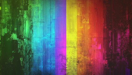 VHS noise texture, a vibrant palette of green, yellow, blue, purple, red, and orange.