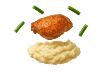 Roasted chicken thigh with mashed potatoes and green beans, isolated, transparent