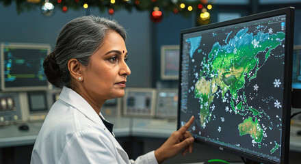Female scientist analyzing global weather patterns with a computer screen  