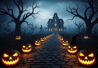 Spooky Halloween pumpkins line cobblestone path to haunted mansion at night jackolantern