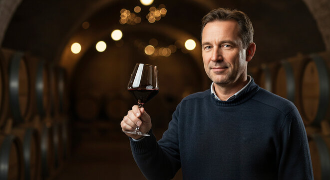 Man smiling and holding a glass of red wine in a winery cellar - Powered by Adobe