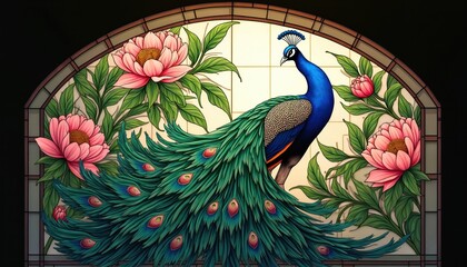 Stained glass art nouveau illustration of peacock with pink peonies. Ornate, detailed illustration showcases nature beauty with vintage, classic design elements. Elegant wall art decor poster print.
