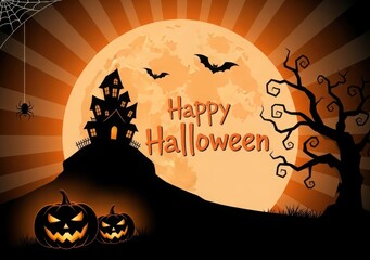 Spooky Halloween scene with haunted house bats and pumpkins castle silhouette