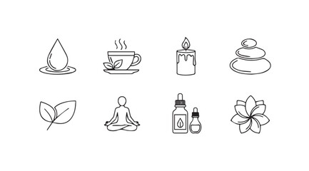 Collection of spa and wellness icons in a minimalist sketch silhouette style