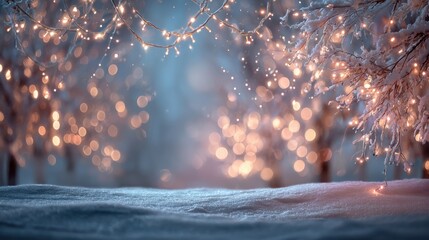 Abstract Christmas night scene, blurred twinkling fairy lights, soft snowy textures, cinematic color palette, wide 16:9 composition
