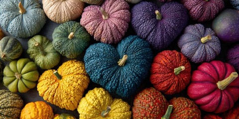 Creative abstract autumn pumpkins arranged in heart shape with vibrant pink blue green yellow red colorful thanksgiving seasonal commercial background design for marketing materials.