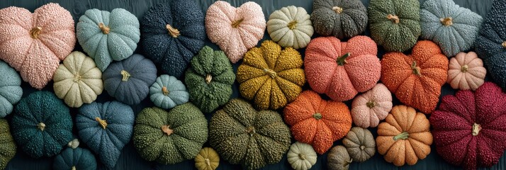 Creative abstract autumn pumpkins arranged in heart shape with vibrant pink blue green yellow red colorful thanksgiving seasonal commercial background design for marketing materials.