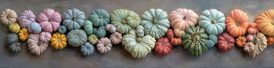 Creative abstract autumn pumpkins arranged in heart shape with vibrant pink blue green yellow red colorful thanksgiving seasonal commercial background design for marketing materials.