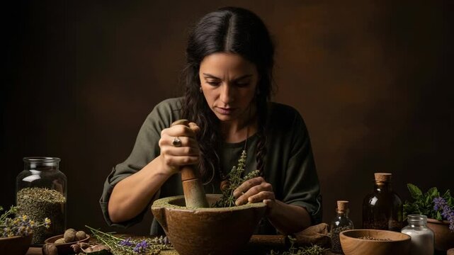 Folk medicine preparation showing herbs being ground in mortar. Folk medicine involves working with natural ingredients for health and wellbeing.