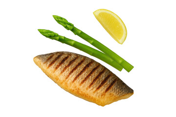 Grilled fish fillet with asparagus and lemon isolated on transparent background, healthy meal.