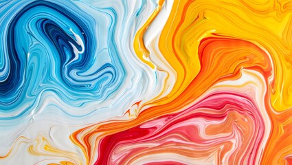 Fototapeta premium Colorful abstract fluid art with swirling patterns in blue yellow orange and red hues design background with acrylic paint texture effect _________________