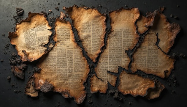 Weathered parchment paper with curled top and lighter brown shade on black background. Aged paper shows ink stains, creases, faded text in serif font, possibly historical document or old letter.