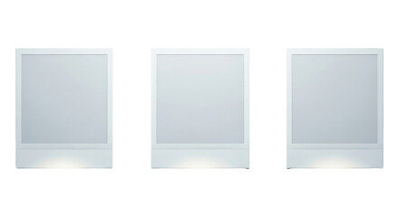 Three blank instant photo frames with a white border isolated on transparent background, ready for your picture or message