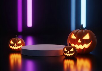 Three carved Halloween pumpkins on a podium with neon lights jack o lantern