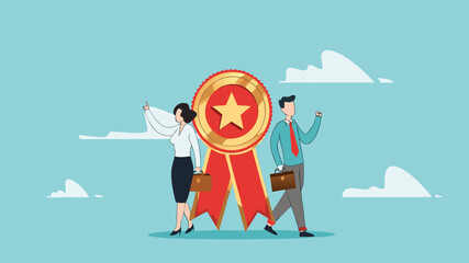 Professional or expert, success employee and win award, employee of the month, best office worker, specialist skill to achieve goal, success professional businessman and woman stand with star award