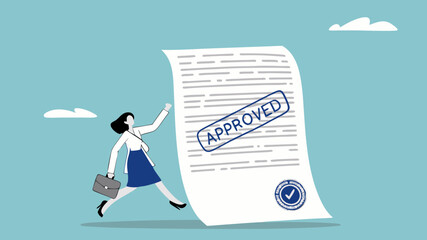 business paperwork approval, Paper Document with Approved Seal Stamp, happy businesswoman with document approve illustration suitable to describe about request accept or legal certified document