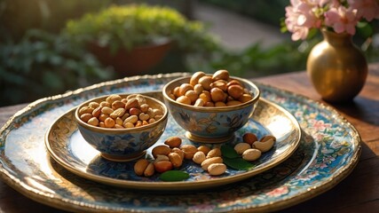 Fototapeta premium Elegant display of assorted nuts in decorative bowls on a wooden table with lush greenery in the background