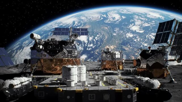 Lunar base with Earth backdrop; space exploration