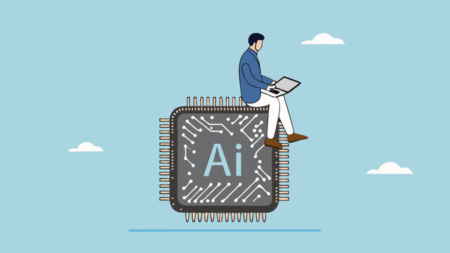 work with AI, artificial intelligence adaption, AI technology helping or support success work, smart businessman working while sitting on AI chip