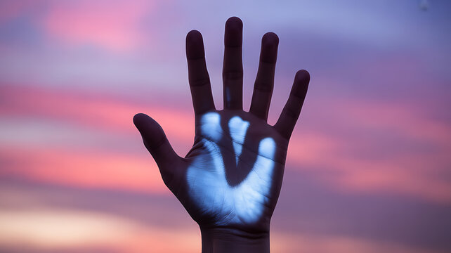 Hand silhouette with glowing heart projection against a colorful sunset sky