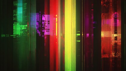 VHS noise texture, a vibrant palette of green, yellow, blue, purple, red, and orange.