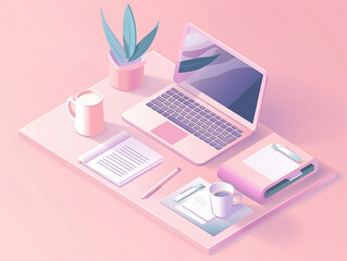 Isometric office scene featuring a laptop, stationery and coffee, modern workspace
