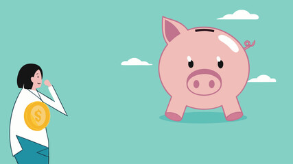 financial question, prepare for the future by saving money, wealth or investment, doubt or confusion, businesswoman with golden coins is confused choosing piggy bank