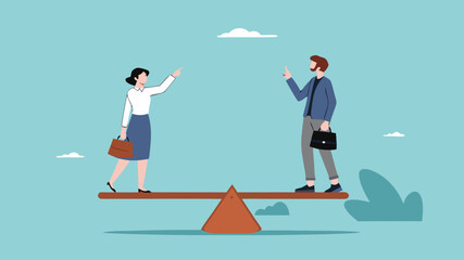 gender equality, Equal Rights of Men and Women, workplace fairness, fairness regarding the diversity of company employees, man and woman standing on a seesaw with equal balance