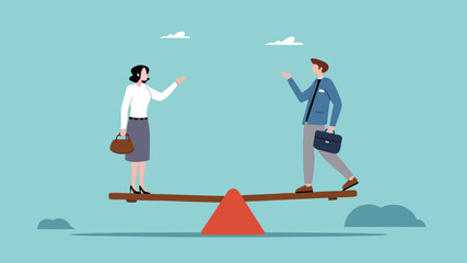 gender equality, Equal Rights of Men and Women, workplace fairness, fairness regarding the diversity of company employees, man and woman standing on a seesaw with equal balance