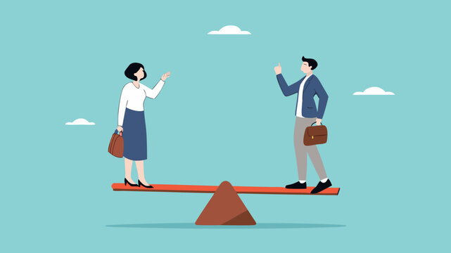 gender equality, Equal Rights of Men and Women, workplace fairness, fairness regarding the diversity of company employees, man and woman standing on a seesaw with equal balance
