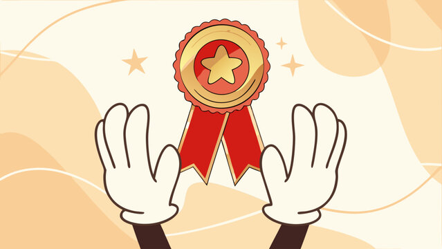 congratulation greeting card design, employee of the month template design, job promotion, work achievement awards, hand drawn retro cartoon illustration holding an award trophy