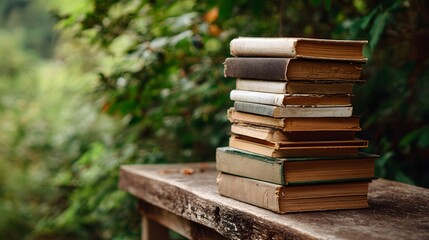 A stack of diverse books on a rustic wooden surface, with a softly blurred background of green foliage. It conveys learning and the beauty of reading in nature.
