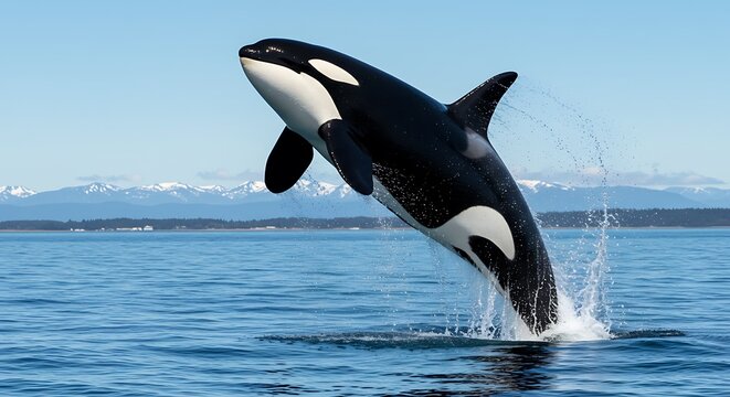 Orca Whale Breaching in Ocean with Mountain Background killer water mammal wildlife animal nature sea marine mammalian life - Powered by Adobe