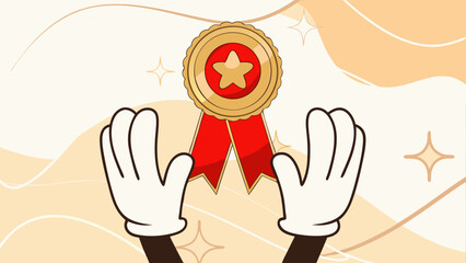 congratulation greeting card design, employee of the month template design, job promotion, work achievement awards, hand drawn retro cartoon illustration holding an award trophy