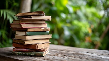 A stack of diverse books on a rustic wooden surface, with a softly blurred background of green foliage. It conveys learning and the beauty of reading in nature.