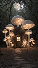 Realistic haunted house in a forest covered with oversized glowing mushrooms, spooky moonlight atmosphere.