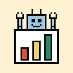 Cute pixel art cartoon robot or AI learn or learning skill with for education calculate chat bot robot vector character technology background 8 bit.