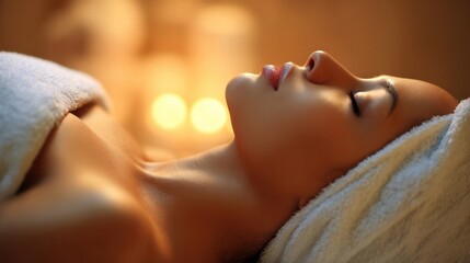 A woman lies relaxed with towels wrapped around her head and neck,