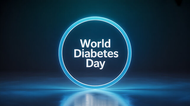 World Diabetes Day text displayed in a glowing blue circle on a dark background with reflection