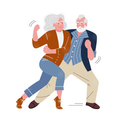 an elderly happy couple performing an energetic dance. the concept of happy longevity and active retirement. flat cartoon-style drawing with textures. stock vector illustration. EPS 10.