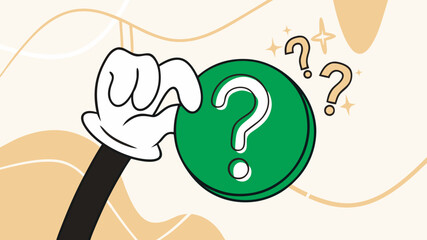quiz banner with question mark icon, hand retro cartoon holding question mark sign illustration
