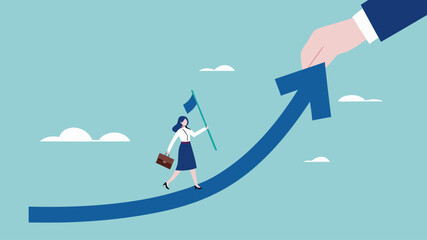 career growth to success concept illustration with businesswoman hand helps pull the arrow to success, career progress to success in work. career development concept vector illustration