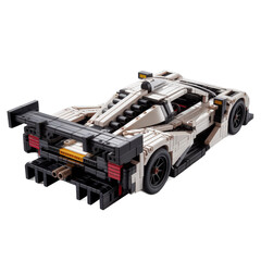 Detailed futuristic white and silver race car model with aerodynamic design and prominent rear spoiler isolated on transparent background