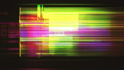 VHS noise texture, a vibrant palette of green, yellow, blue, purple, red, and orange.