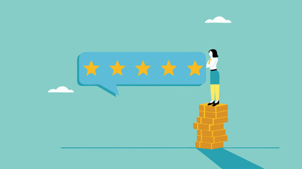 five star rating, businesswoman puts a star to give five star rating, business people placing 5 stars rating flat with flat style, client holding review stars concept