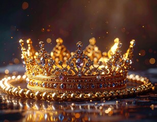 Ornate Golden Crown with Jewels on Dark Textured Surface Glowing Dramatic Light